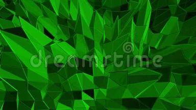 深绿色低聚波动表面作为未来浮雕。 深绿色多边形几何振动环境或
